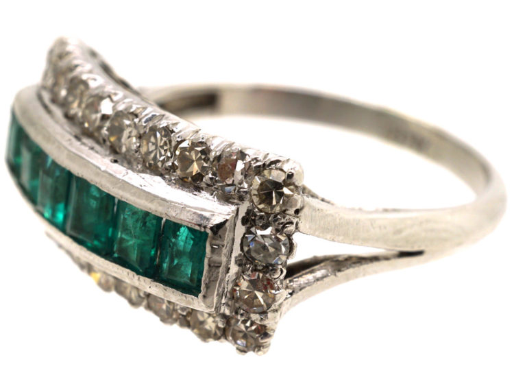 Art Deco 18ct White Gold, Emerald & Diamond Rectangular Ring