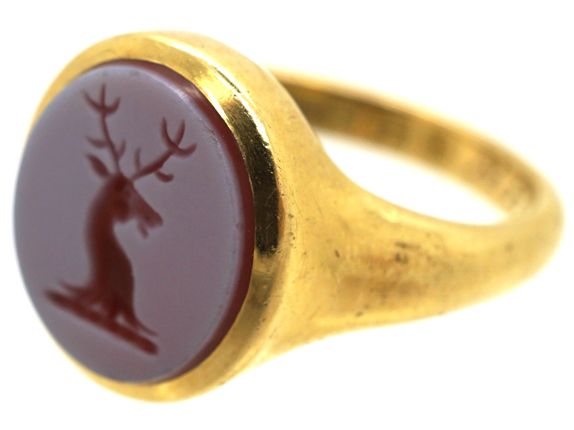 18ct Gold & Carnelian Signet Ring with Stag Intaglio (904L) | The