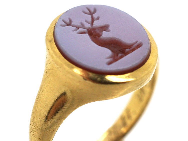 18ct Gold & Carnelian Signet Ring with Stag Intaglio
