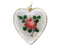 Norwegian Silver Heart Pendant with Enamel Rose by Ivar T  Holth