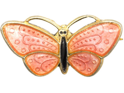 Norwegian Silver Gilt & Pink Enamel Small Butterfly Brooch by Aksel Holmsen