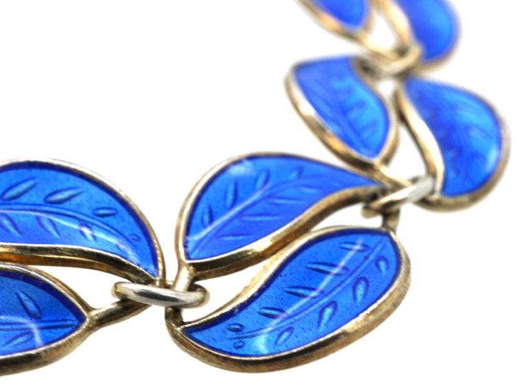 Norwegian Silver & Blue Enamel Leaf Bracelet by Willy Winnaess for David Andersen