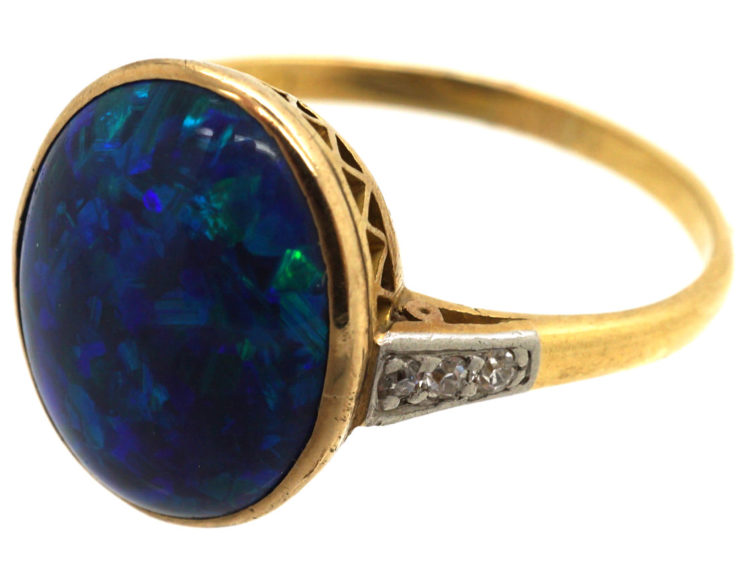 Art Deco 18ct Gold, Black Opal & Diamond Ring