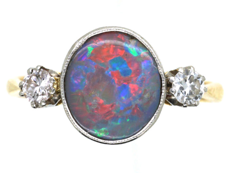 Art Deco 18ct Gold & Platinum, Black Opal & Diamond Ring