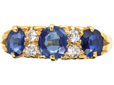 Edwardian 18ct Gold, Diamond & Sapphire Three Stone Carved Half Hoop Ring