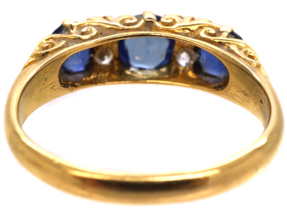 Edwardian 18ct Gold, Diamond & Sapphire Three Stone Carved Half Hoop ...