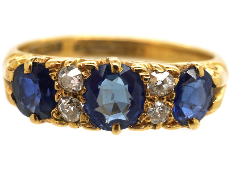 Edwardian 18ct Gold, Diamond & Sapphire Three Stone Carved Half Hoop Ring