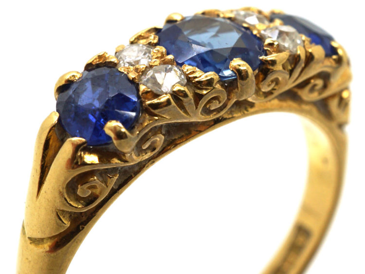 Edwardian 18ct Gold, Diamond & Sapphire Three Stone Carved Half Hoop Ring