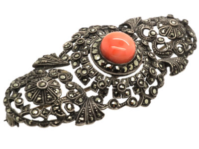 Art Deco Silver, Coral & Marcasite Brooch