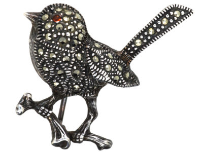 Silver & Marcasite Robin on Branch Brooch