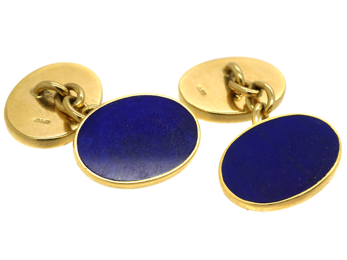 18ct Gold & Lapis Lazuli Oval Cufflinks by Cropp & Farr (977L) The Antique Jewellery Company
