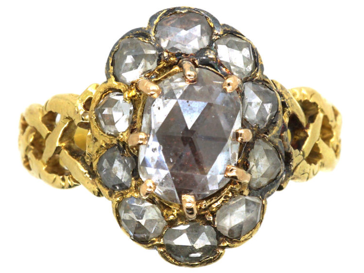 Victorian 18ct Gold & Rose Diamond Oval Cluster Ring with Pierced Shoulders