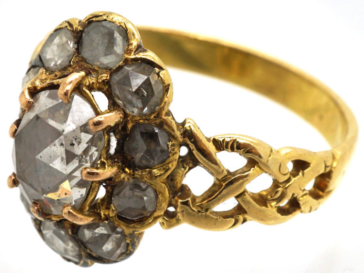 Victorian 18ct Gold & Rose Diamond Oval Cluster Ring with Pierced Shoulders