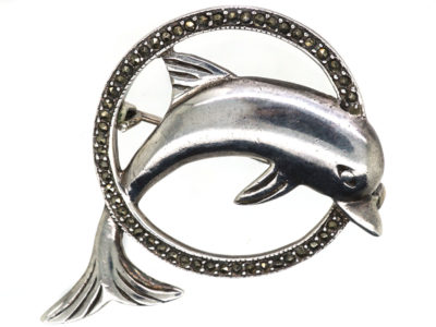 Silver & Marcasite Dolphin Jumping Through Hoop Brooch
