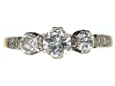 18ct Gold & Platinum, Three Stone Diamond Ring with Diamond Set Shoulders
