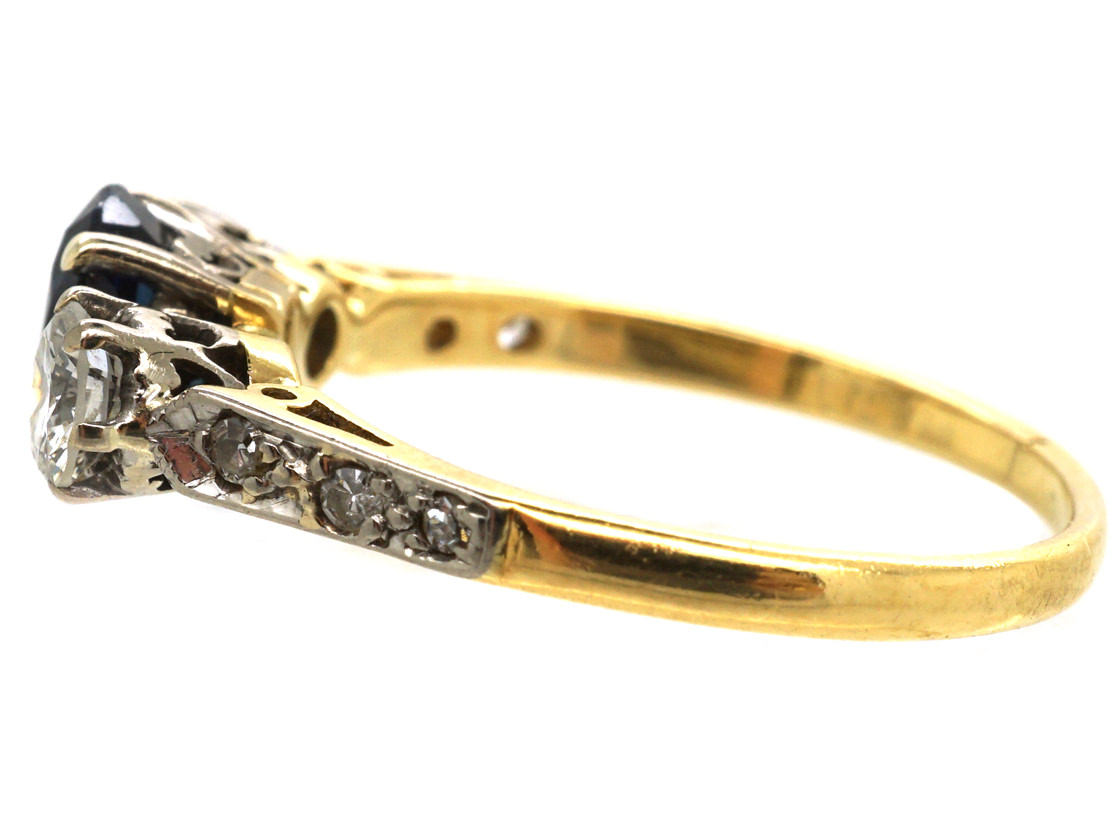 18ct Gold Sapphire & Diamond Three Stone Ring with Diamond Set ...