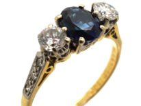 18ct Gold Sapphire & Diamond Three Stone Ring with Diamond Set Shoulders