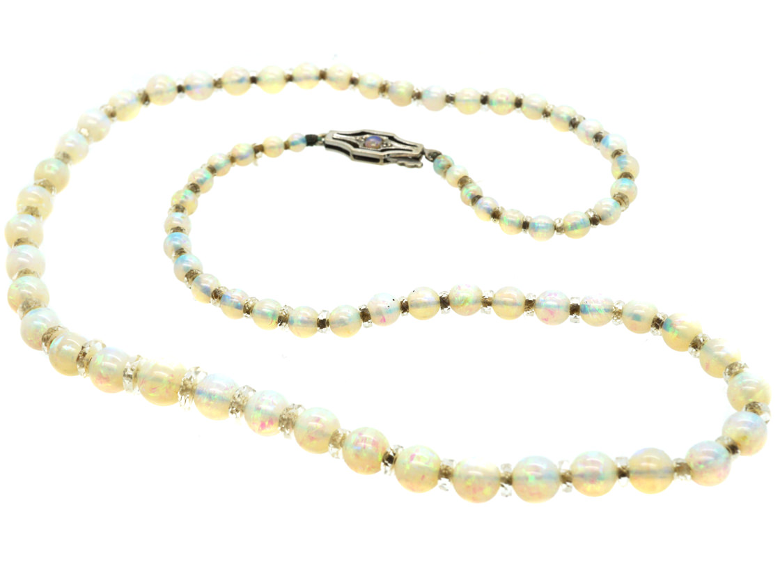 Edwardian Graduated Opal Bead Necklace with 9ct White Gold Clasp (11M