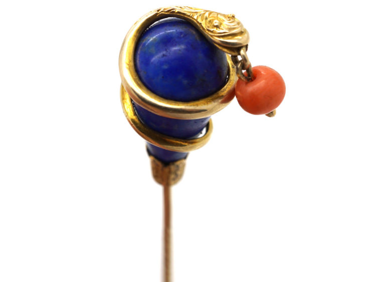 Victorian 18ct Gold , Lapis Lazuli & Coral Snake Tie Pin