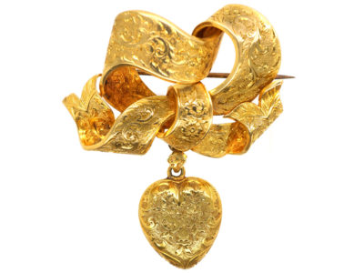 Victorian 15ct Gold Bow Brooch with Heart Drop
