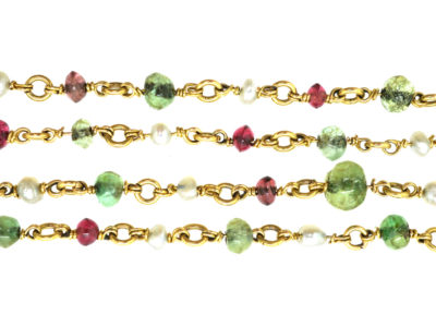 Edwardian 18ct Gold, Emerald, Ruby & Natural Pearl Chain