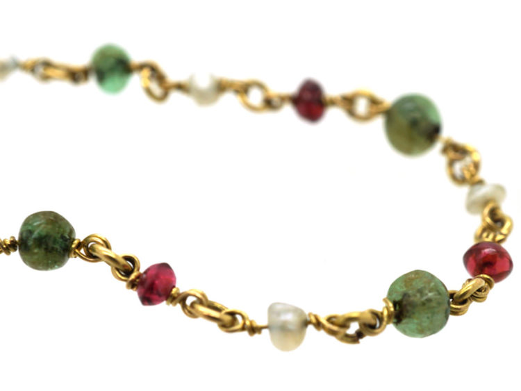 Edwardian 18ct Gold, Emerald, Ruby & Natural Pearl Chain