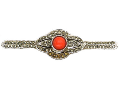 Art Deco Silver, Marcasite & Coral Brooch