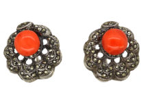 Art Deco Silver, Marcasite & Coral Screw On Earrings
