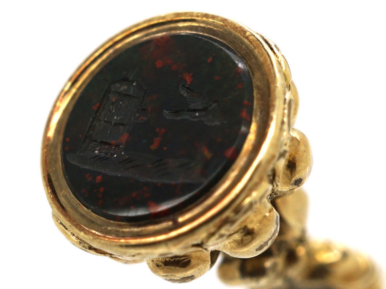 Regency Small 15ct Gold Cased Seal with Bloodstone Intaglio of a Bird Flying out of Cage