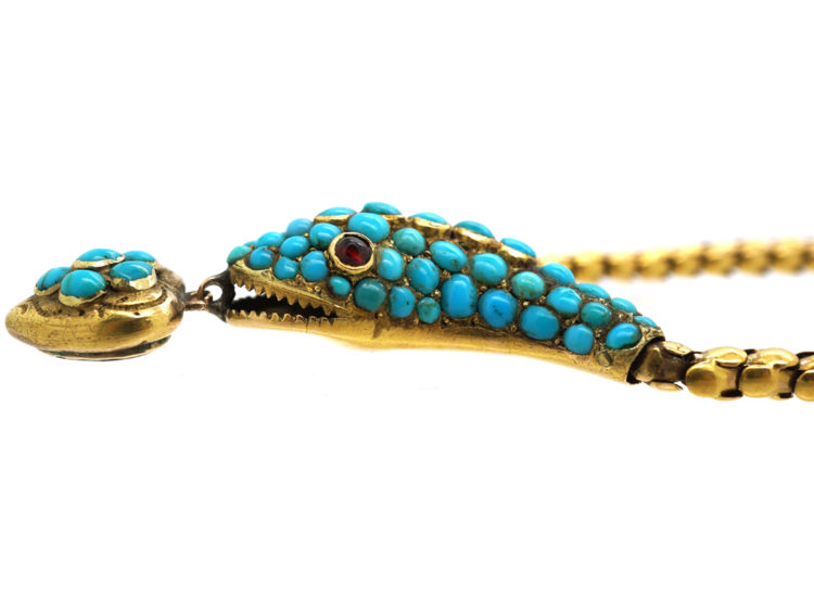Victorian 18ct Gold Snake Necklace with Turquoise Studded Head