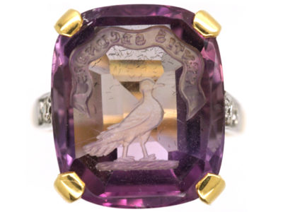 18ct Gold, Diamond & Amethyst Ring with Intaglio of a Bird