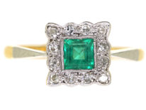 Art Deco 18ct Gold & Platinum, Emerald & Diamond Square Ring