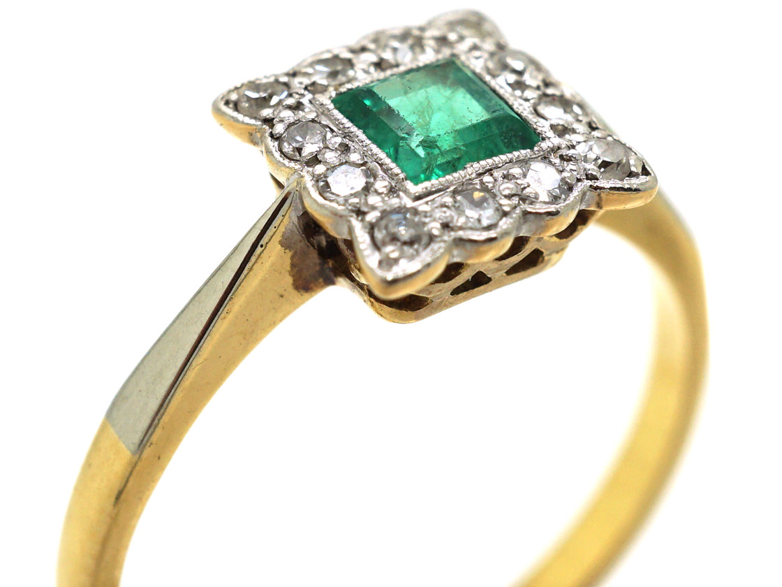 Art Deco 18ct Gold & Platinum, Emerald & Diamond Square Ring (65M) The Antique Jewellery Company
