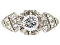 French Art Deco Platinum & Diamond Ring with Pierced Slanted Shoulders