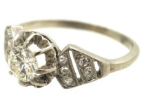 French Art Deco Platinum & Diamond Ring with Pierced Slanted Shoulders
