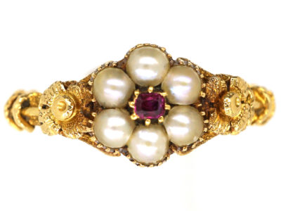 Regency 15ct Gold , Natural Split Pearl & Ruby Cluster Ring