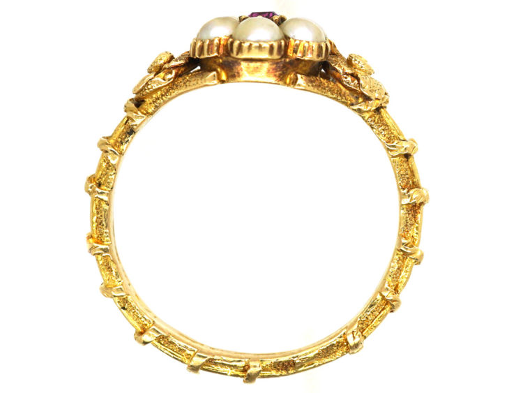 Regency 15ct Gold , Natural Split Pearl & Ruby Cluster Ring