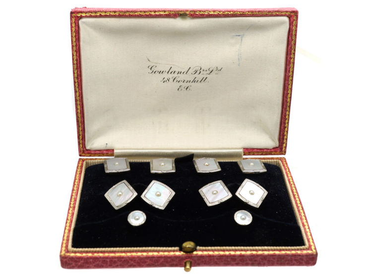 Art Deco 18ct Gold, Platinum, Mother of Pearl & Natural Split Pearl  Dress Set