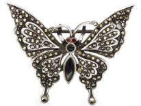 Silver, Marcasite & Onyx Butterfly Brooch