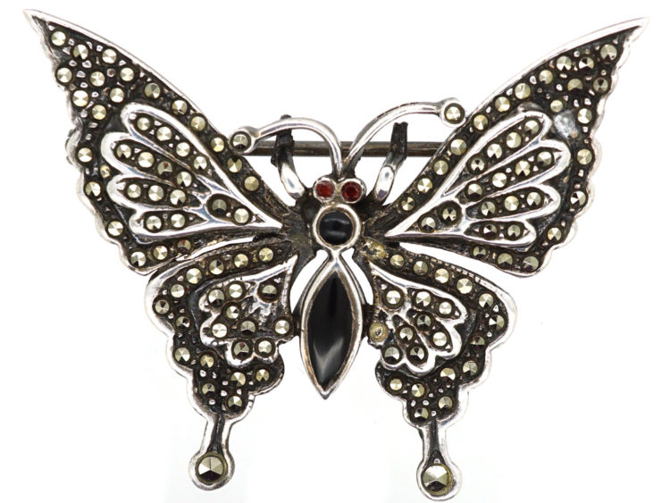 Silver, Marcasite & Onyx Butterfly Brooch