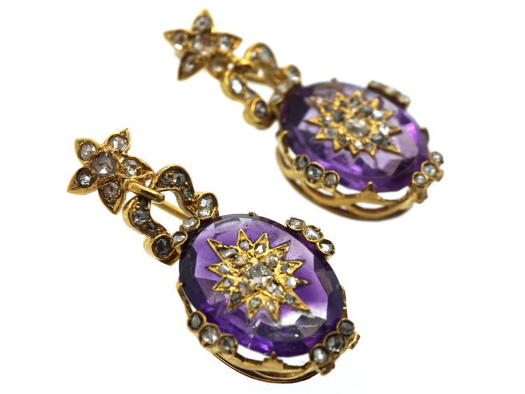 Victorian 18ct Gold, Amethyst & Rose Diamond Drop Earrings