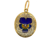 Victorian 15ct Gold Oval Locket With Enamel & Rose Diamond Pansy Motif