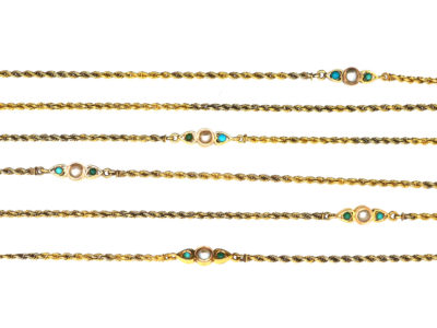 Edwardian 15ct Gold Long Guard Chain set with Natural Split Pearls & Turquoise