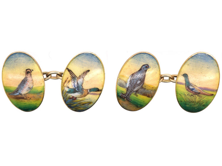 Edwardian 15ct Gold Enamelled Cufflinks with Game Birds
