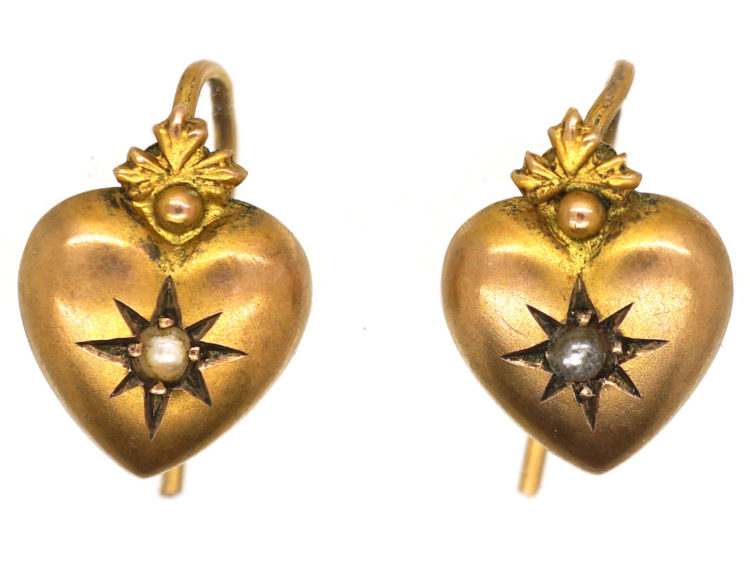Edwardian 9ct Gold Heart Shaped Earrings set with a Pearl