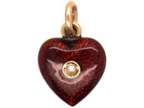 Edwardian 9ct Gold, Red Enamel & Pearl Heart Shaped Pendant