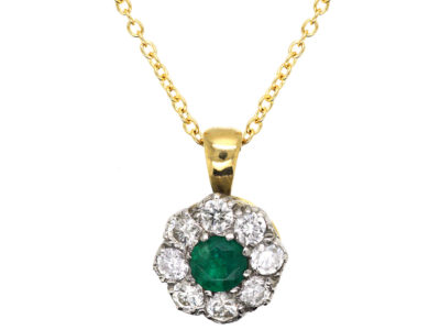 18ct Gold, Emerald & Diamond Cluster Pendant on 18ct Gold Chain