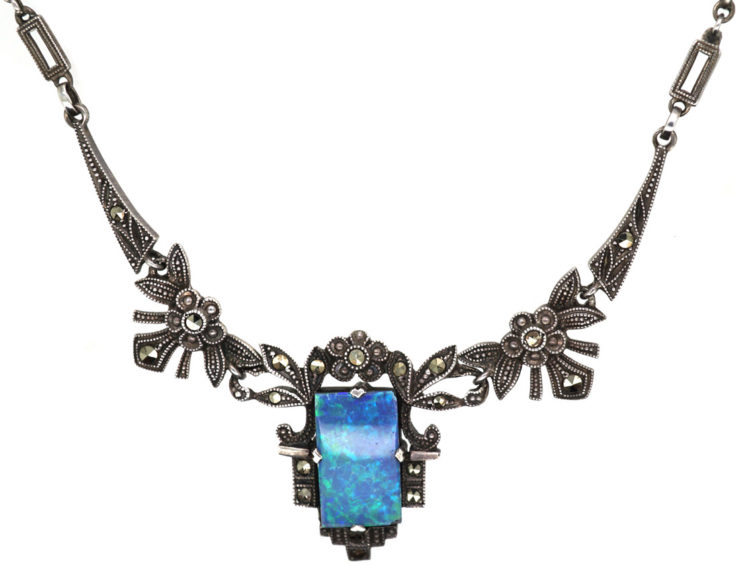 Art Deco Silver, Marcasite & Opal Doublet Necklace