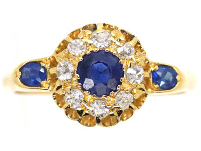 Edwardian 18ct Gold, Sapphire & Diamond Cluster Ring with Sapphire Set Shoulders