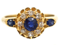 Edwardian 18ct Gold, Sapphire & Diamond Cluster Ring with Sapphire Set Shoulders